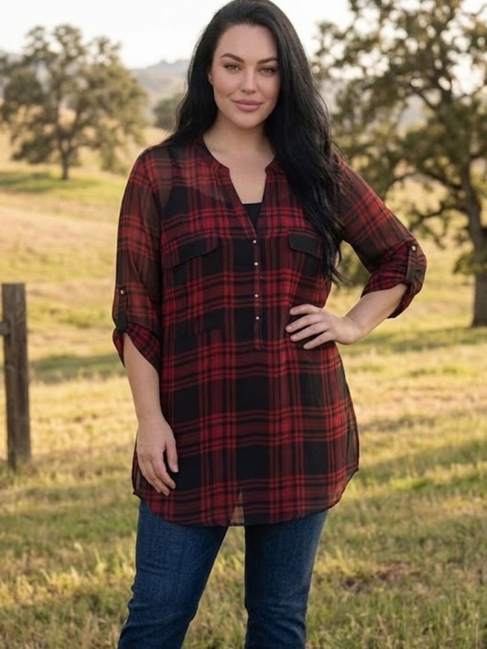 Sheer Le Chateau Red and Black Plaid  Button-Up Shirt Tunic